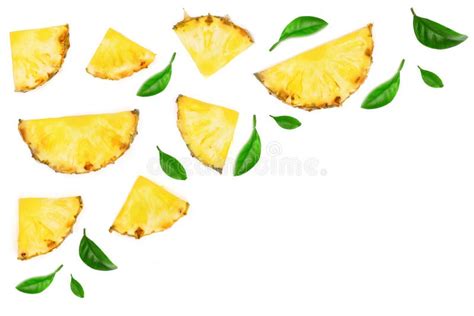 Sliced Pineapple Decorated With Green Leaves On White Background With