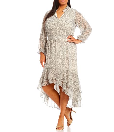 1 state plus size long cuff sleeve smocked waist split v neck leopard print tiered ruffle high