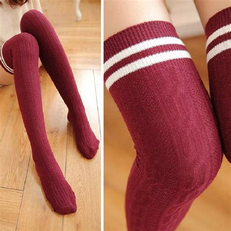 Women Knit Cotton Over The Knee Long Socks Striped Thigh High Stocking