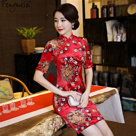 fengmeisi chinese cheongsam short qipao velvet print slim vintage women oriental dresses