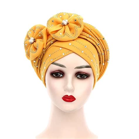 African Turbans Women Auto Gele Stacked Stick Diamond Flower Fashion