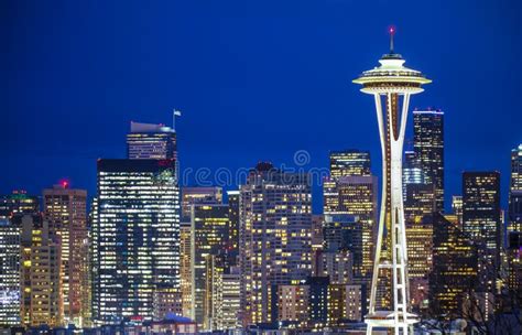 Seattle City Lights At Night The Skyline With Space Needle Seattle