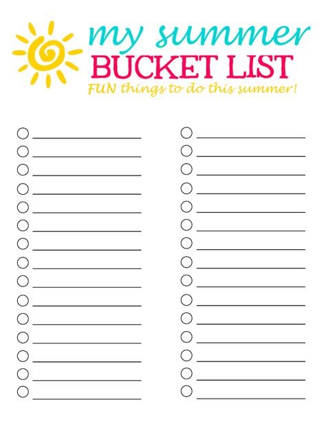 Fun Things To Do Blank Summer Bucket List Template Download Printable Pdf Templateroller