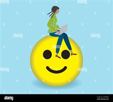 Woman Girl With Laptop On Big Smiley Isolated Vector Illustration