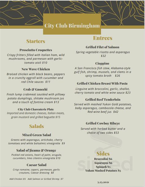 City Club Birmingham Menu In Birmingham Alabama Usa