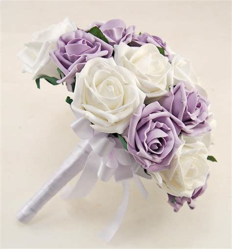 Brides Lilac And White Foam Rose Artificial Wedding Posy Bouquet Budget