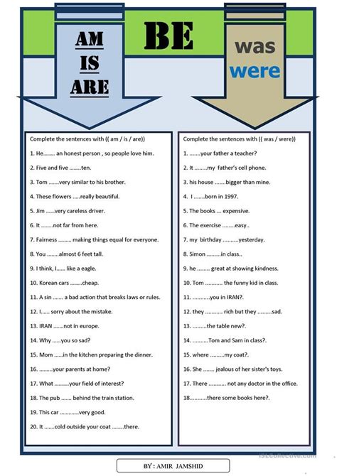 These owl resources contain grammar exercises about adjectives, adverbs, appositives, articles, count and noncount nouns, prepositions, and tense consistency. AM/ IS / ARE/ WAS /WERE worksheet - Free ESL printable worksheets made by teachers | English ...