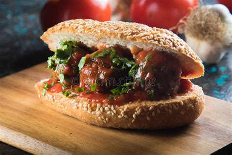 Meatball Sandwich With Tomato Sauce Stock Photo Image Of Italian