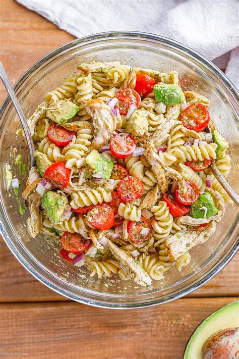 Chicken Pasta Salad Recipe With Pesto Avocado And Tomato