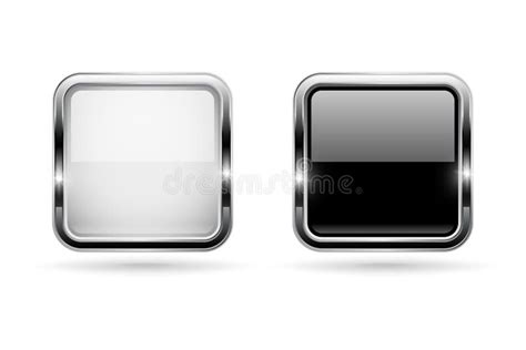 Black And White Buttons With Chrome Frame Square Shiny 3d Icons Stock