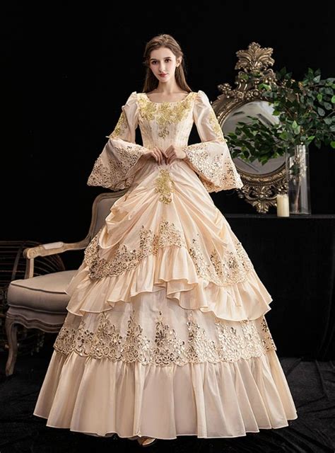 Champagne Ball Gown Sequins Puff Sleeve Drama Show Vintage Gown Dress