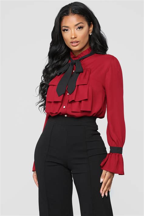 Better Now Tie Neck Blouse Burgundy Fashion Nova Shirts And Blouses