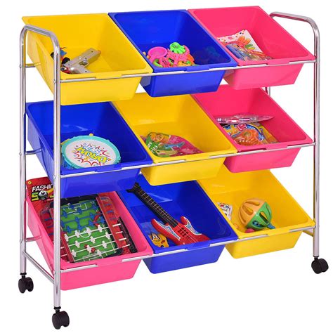 Costway Kids Toy Storage Shelf Organizer 9 Bins Multi Colored Bin Cart