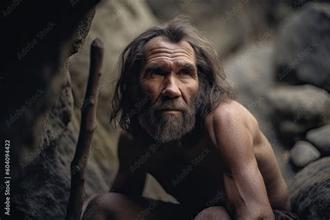 Portrait Of Prehistoric Man In Cave Face Of Neanderthal Caveman With