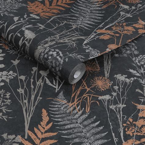 Graham And Brown Organics Black And Copper Wildflowers Wallpaper 120718