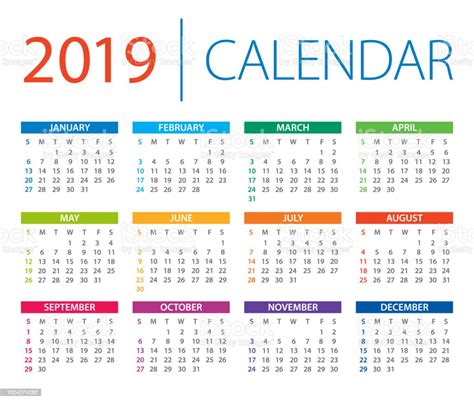 Calendar 2019 Vector Illustration Days Start From Sunday Stock