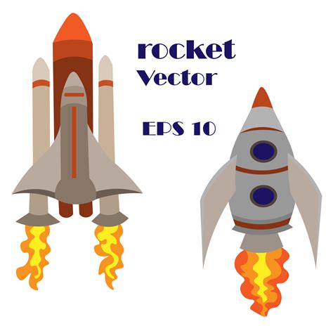 Set Of Two Space Rockets With Fire From The Engine Launching Spaceship