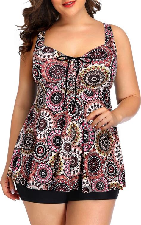 Yonique Brown Mandala Plus Size Tankini Swimsuits For Women With Shorts