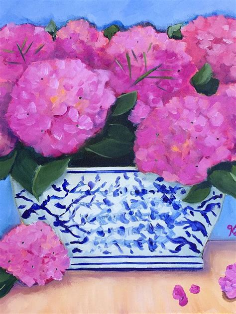 Original Still Life Painting Pink Hydrangeas In Blue And Etsy