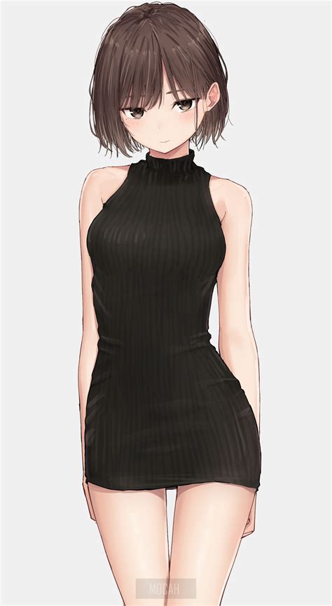 Anime Anime Girl Black Dress Short Hair Brunette Brown Eyes Dress Background 1642x3000 Hd