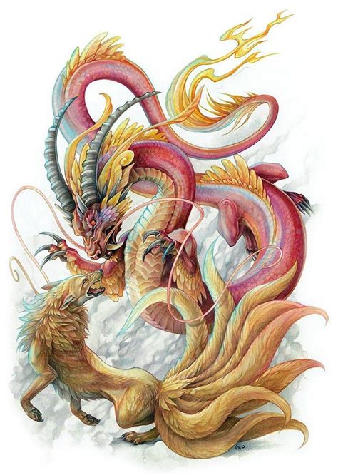A4 Print Dragon Vs Kitsune In 2021 Spirit Animal Art Dragon Art