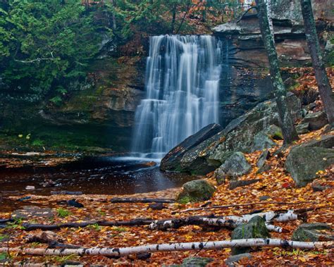 Waterfall Autumn Fallen Leaves Red Rock Trees Desktop Wallpaper Full