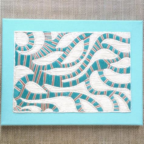 Abstract Embroidered Canvas Wall Art Turquoise Coral Ecru Etsy