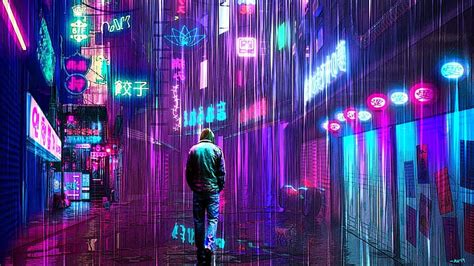Hd Wallpaper Artwork Neon Neon Glow Cats Street Rain Science