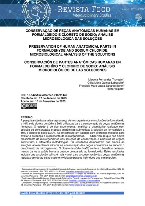 pdf conservaÇÃo de peÇas anatÔmicas humanas em formaldeÍdo e cloreto de sÓdio anÁlise