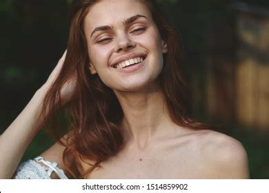 Cheerful Beautiful Woman Naked Shoulders Nature Stock Photo Shutterstock