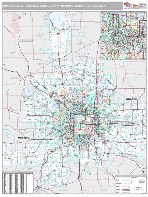 Minneapolis St Paul Bloomington Mn Metro Area Wall Map Premium Style