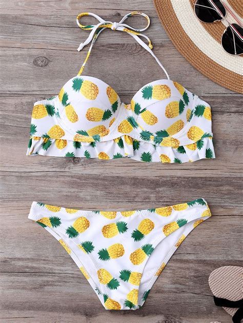[12 off] 2021 underwire molded pineapple print bikini set in white zaful
