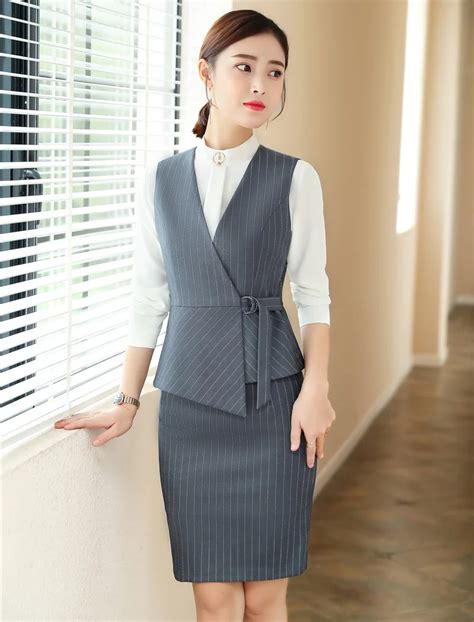 Fashion Grey Waistcoat And Vest Women Business Suits 2 Piece Skirt And Top Sets Work Wear Ladies