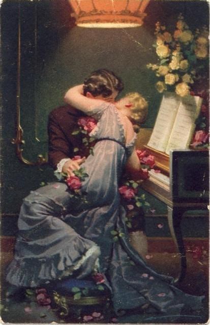 Vintage Couples Lovers Roses Flowers Piano Kissing Kisses