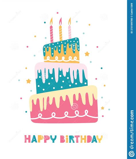 Bday Cake With Candles In Three Tiers Holiday Vertical Greeting Card Happy Birthday Stock