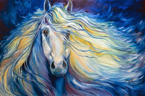 American Art Moves Stardust Equine Horse Art White Stallion Long Mane