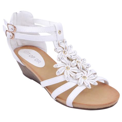 Ladies Womens Low Heel Wedge Summer Sandals Ankle Strappy Diamante Shoes Size Ebay