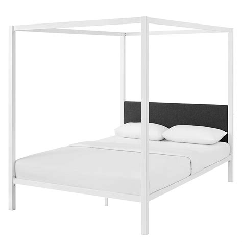 Matte black powdercoated iron streamlines the classic canopy bed in dramatic silhouette. Queen size White Metal Canopy Bed Frame with Grey Fabric ...