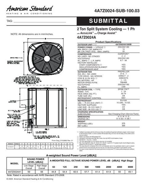 American Standard Submittal 2 Ton Split System Cooling 1 Ph With