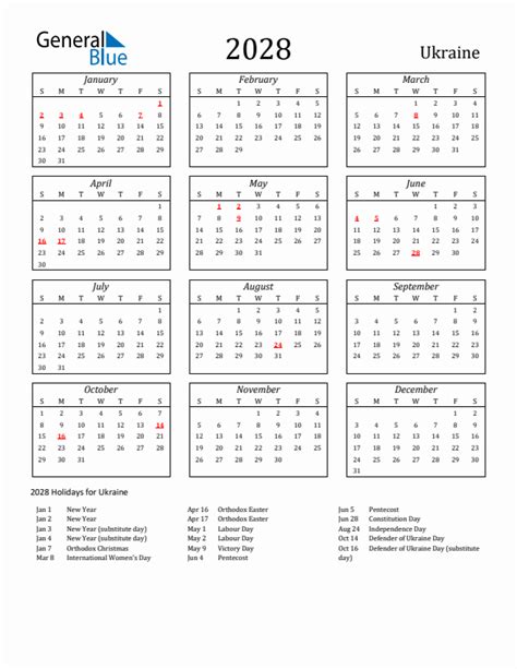 Free Printable 2028 Ukraine Holiday Calendar