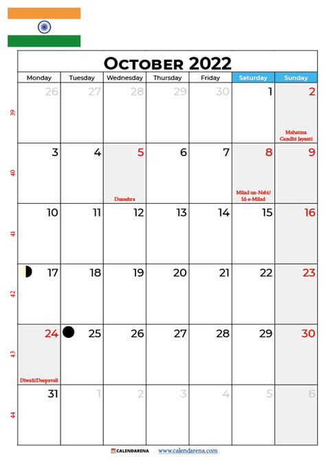 Download Free October 2022 Calendar India