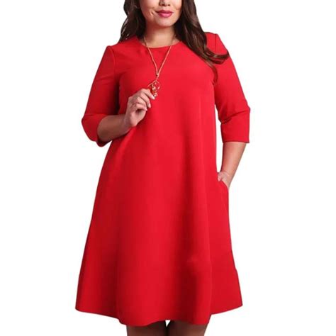 women red big size dress spring autumn ladies dresses pockets casual dress loose plus size o