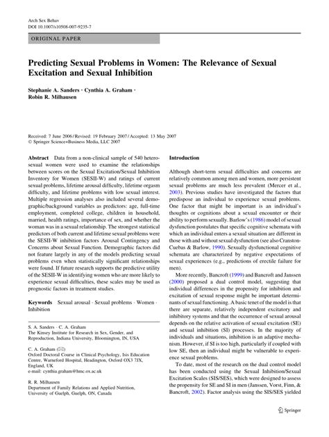 Pdf Predicting Sexual Problems In Women The Relevance Of Sexual Excitation And Sexual Inhibition