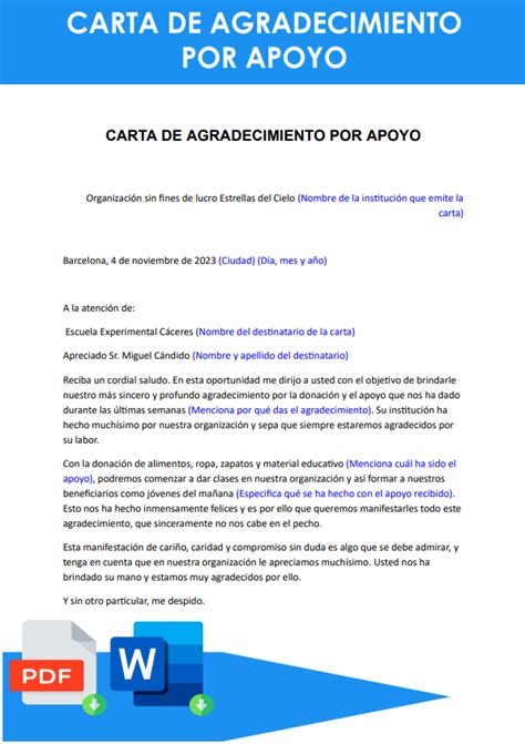 Redactar Una Carta De Agradecimiento Por Apoyo Modelos Cartas Gratis En Word Vrogue