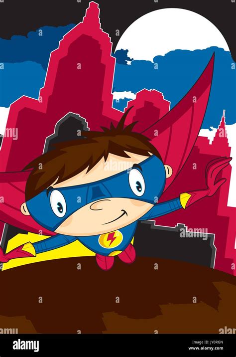 Cute Cartoon Heroic Superhero With City Skyline Vector Illustration