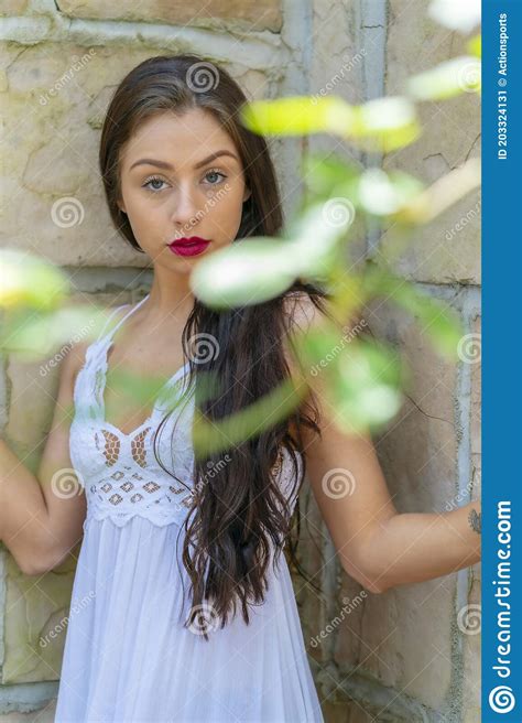 A Lovely Brunette Model Enjoys An Spring Day Outdoors Stock Image