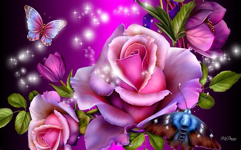 Pink Roses With Butterflies Hd Wallpaper Gbkt2nw