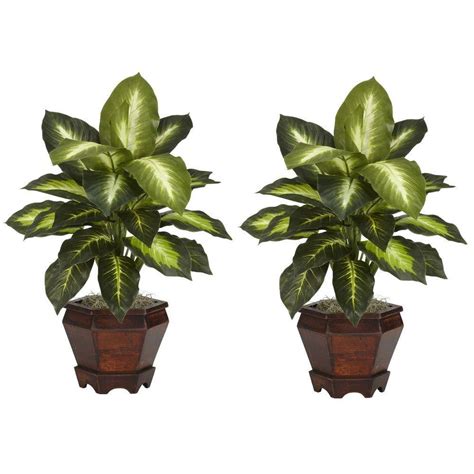 205 In H Green Dieffenbachia With Wood Vase Silk Plant Set Of 2