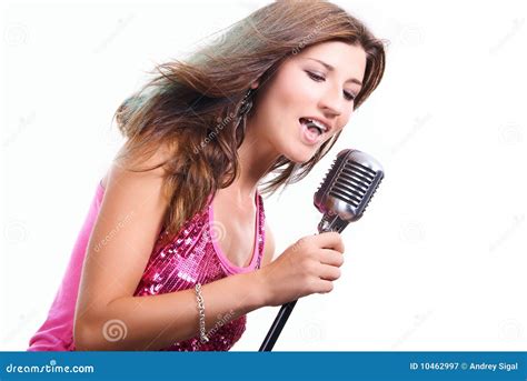 Beautiful Girl With A Microphone Singing A Song Stock Image Image Of