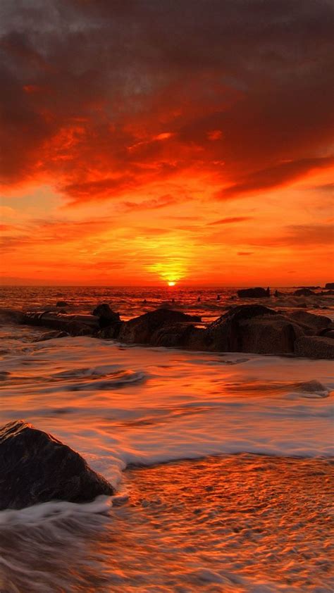 720x1280 Wallpaper Sea Waves Rocks Beach Sunrise Sunrise Beach